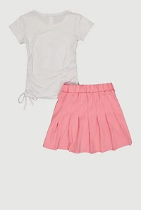 Girls Blessed Ruched Side Graphic Tee and Pleated Skort Set
