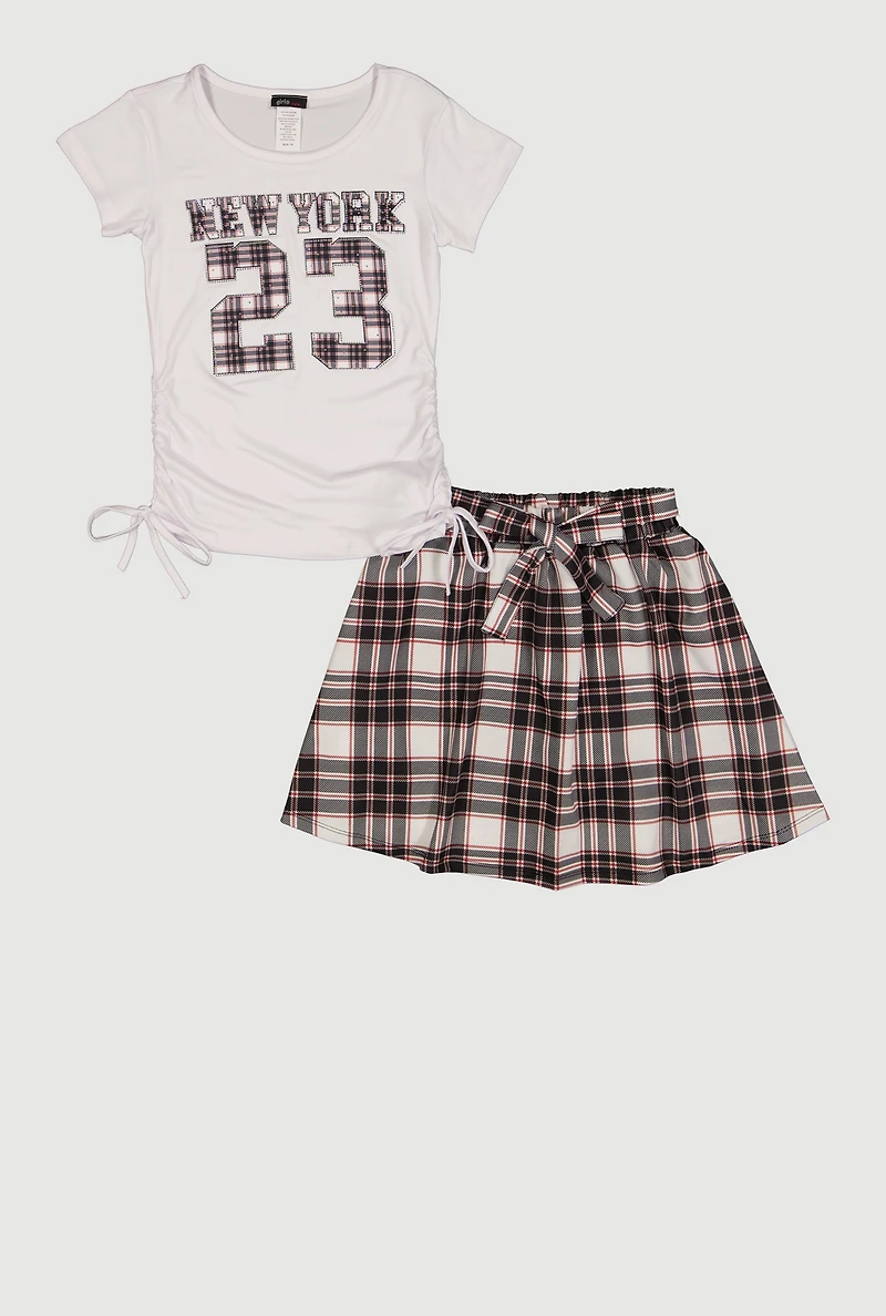 Girls New York 23 Graphic Tee and Plaid Pleated Skirt