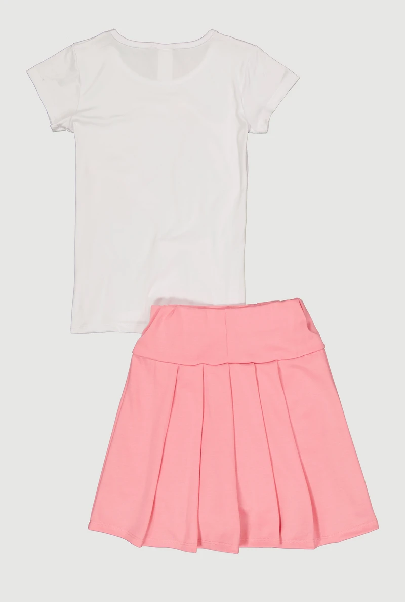 Girls Bow Detail Short Sleeve Tee and Pleated Skirt