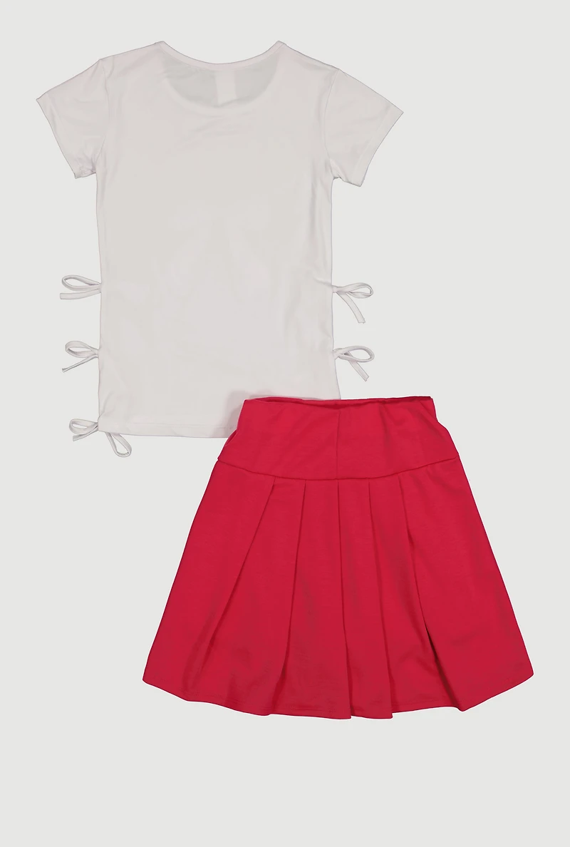 Girls Self Love Secret Club Bow Graphic Tee and Pleated Skirt