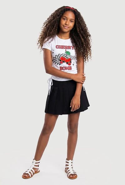 Girls Rhinestone Cherry Bomb Graphic Tee and Skirt