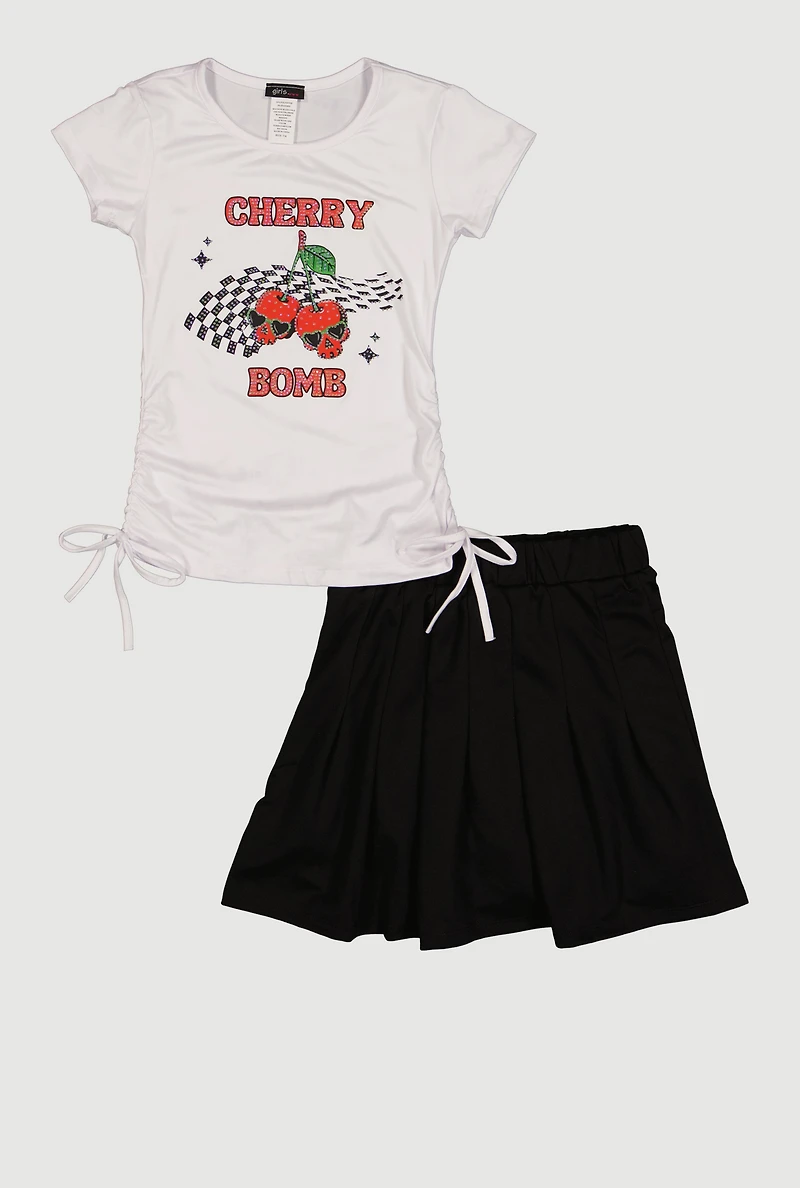 Girls Rhinestone Cherry Bomb Graphic Tee and Skirt