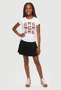 Girls Cherry Bow Graphic Ruched Side Tee and Pleated Skort