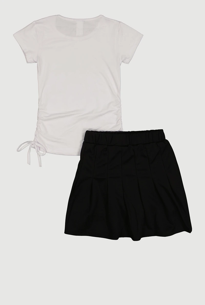 Girls Cherry Bow Graphic Ruched Side Tee and Pleated Skort