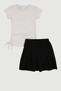 Girls Cherry Bow Graphic Ruched Side Tee and Pleated Skort