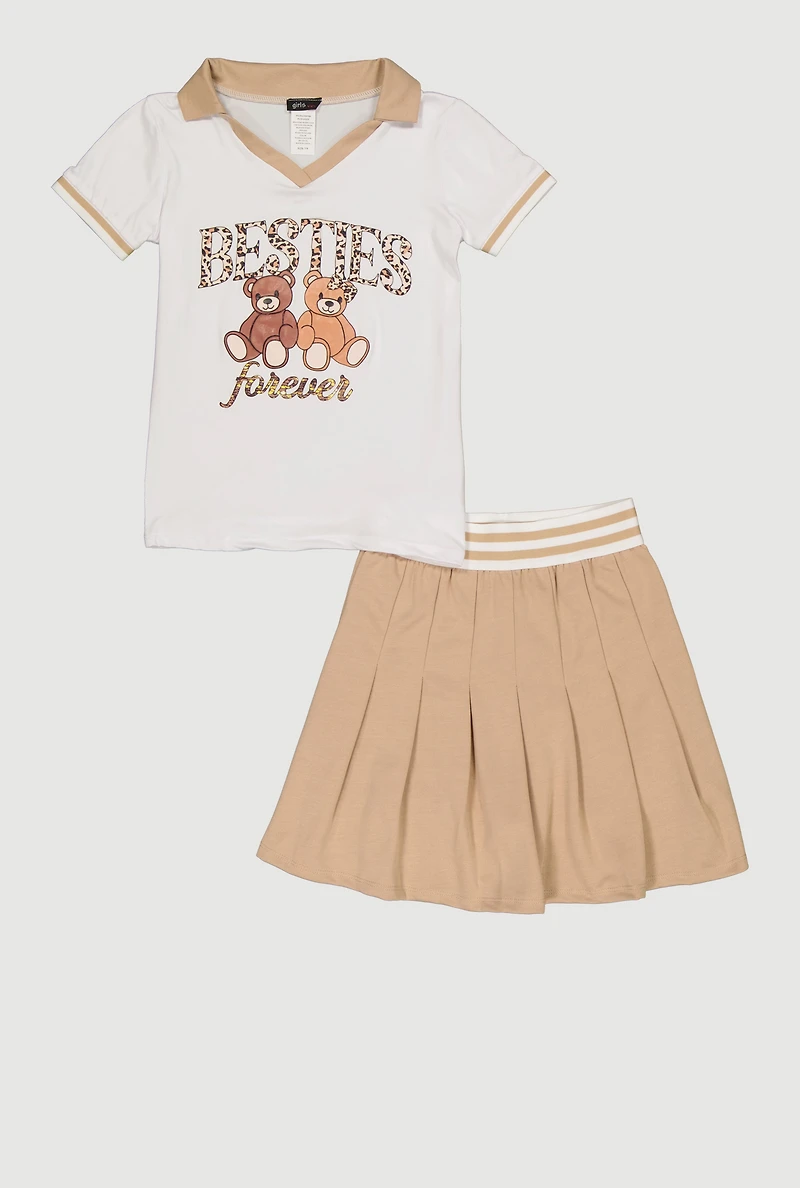 Girls Besties Forever Bear Graphic Polo Top and Pleated Skirt