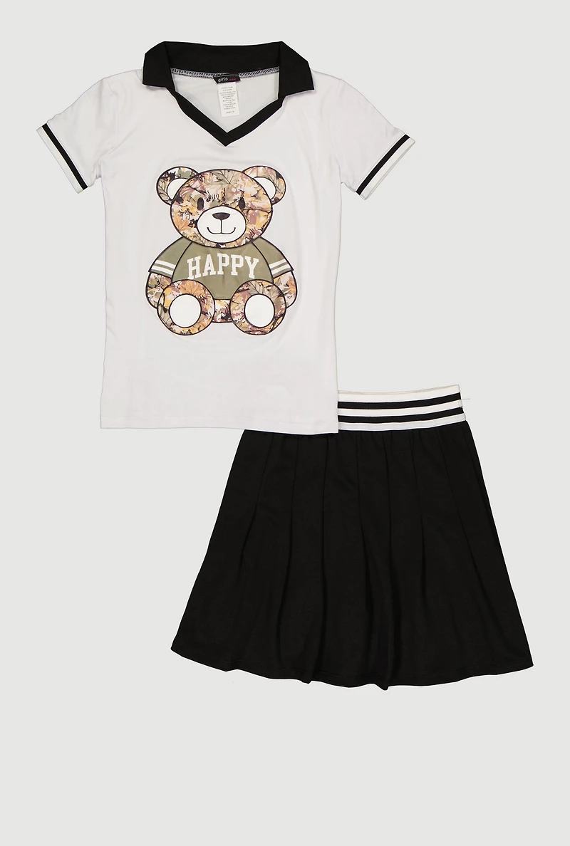 Girls Happy Camo Bear Graphic Polo Top and Pleated Skirt