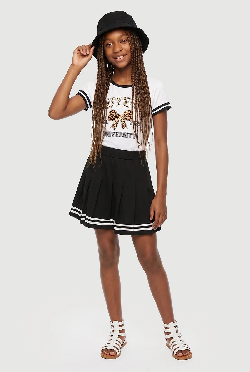 Girls Cutesy University Graphic Tee and Pleated Skort with Bucket Hat