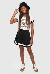 Girls Cutesy University Graphic Tee and Pleated Skort with Bucket Hat