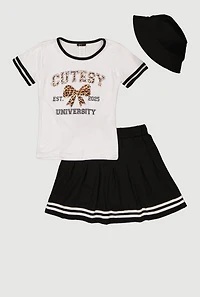 Girls Cutesy University Graphic Tee and Pleated Skort with Bucket Hat