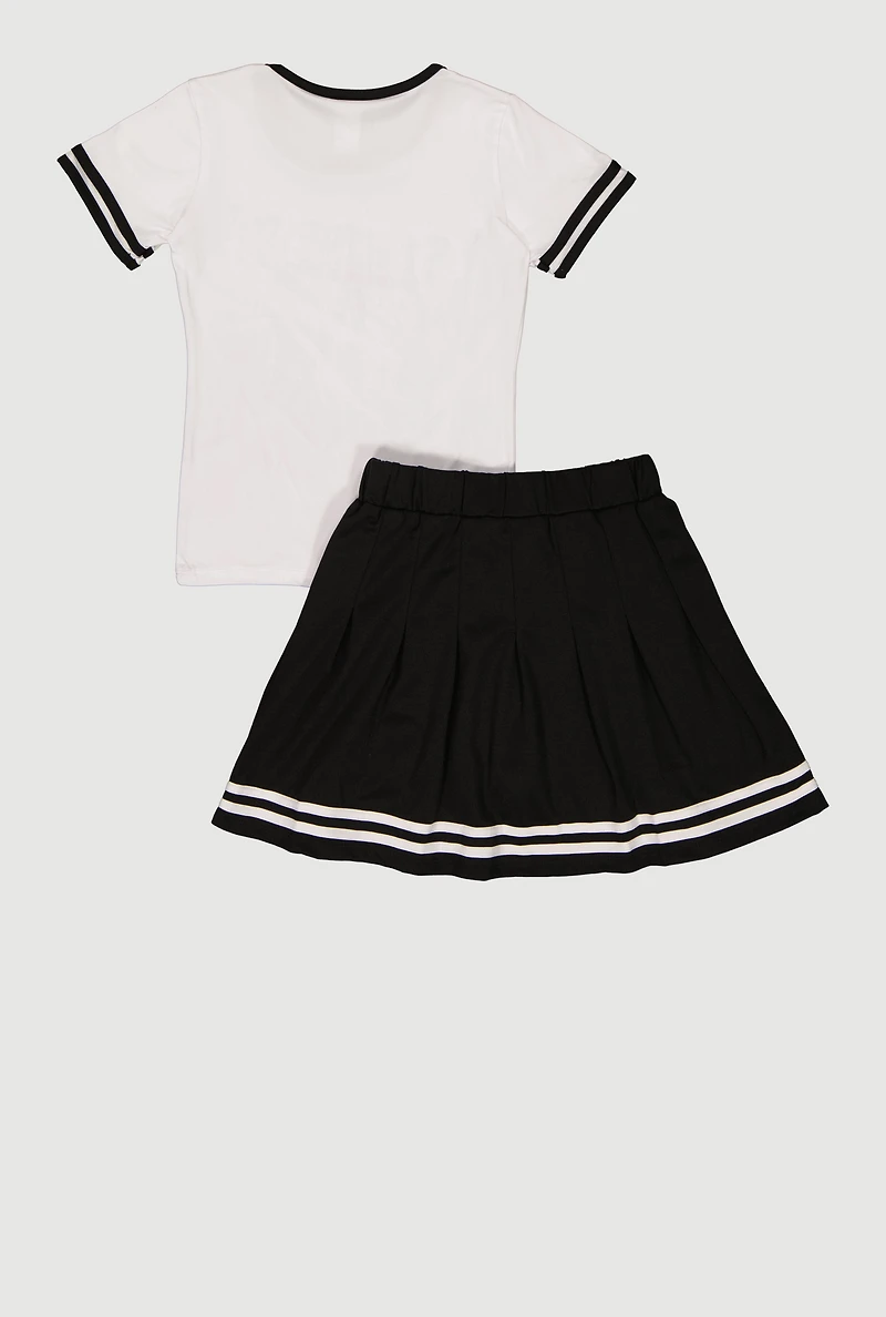 Girls Cutesy University Graphic Tee and Pleated Skort with Bucket Hat
