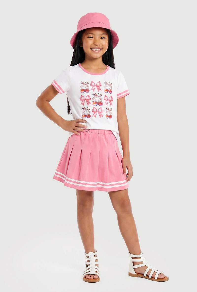 Girls Cherry Bow Graphic Tee and Pleated Skort with Bucket Hat