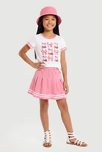 Girls Cherry Bow Graphic Tee and Pleated Skort with Bucket Hat
