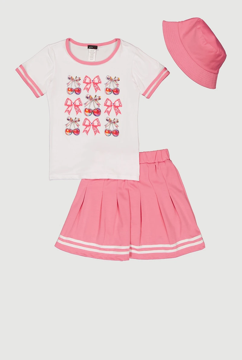 Girls Cherry Bow Graphic Tee and Pleated Skort with Bucket Hat