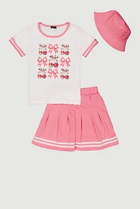 Girls Cherry Bow Graphic Tee and Pleated Skort with Bucket Hat