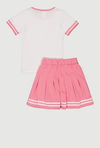 Girls Cherry Bow Graphic Tee and Pleated Skort with Bucket Hat