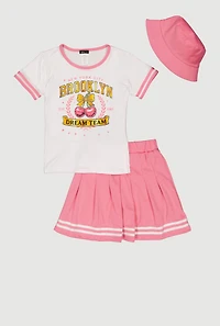 Girls Brooklyn Dream Team Graphic Tee and Pleated Skort with Bucket Hat