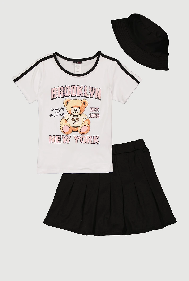 Girls Brooklyn New York Teddy Bear Tee and Pleated Skirt Set