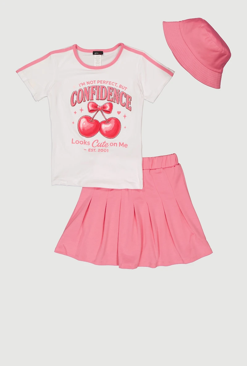 Girls Confidence Looks Cute Graphic Tee and Pleated Skort with Bucket Hat