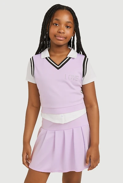 Girls Stylish Rhinestone Varsity Stripe Polo and Pleated Skirt