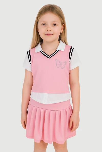 Girls Chic Sweater Vest and Pleated Midi Skirt Set with Rhinestones, Pink, Size 7-8