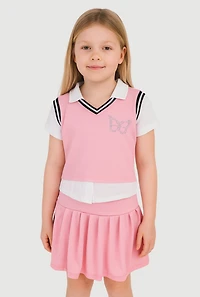Girls Chic Sweater Vest and Pleated Midi Skirt Set with Rhinestones, Pink, Size 7-8