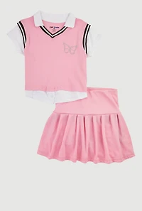 Girls Chic Sweater Vest and Pleated Midi Skirt Set with Rhinestones, Pink, Size 7-8