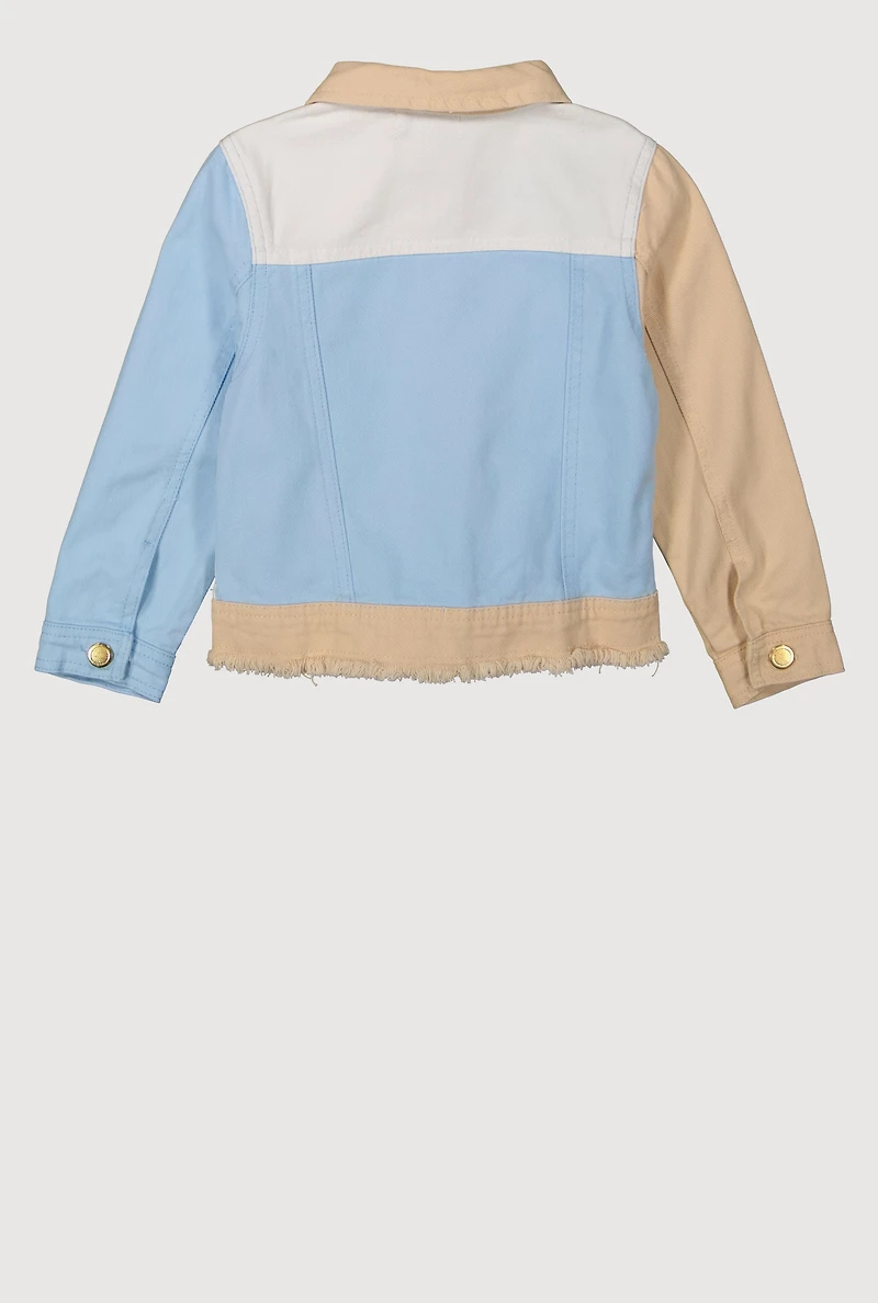 Little Girls Color Blocked Distressed Jean Jacket, Blue,