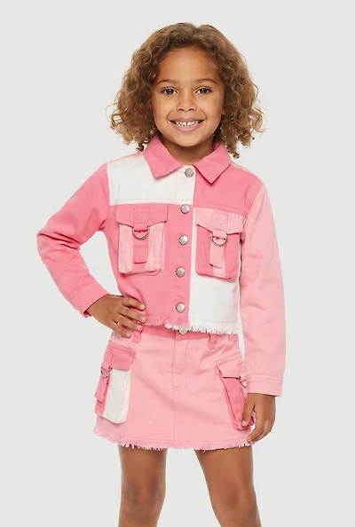 Little Girls Color Blocked Denim Jacket with Frayed Hem
