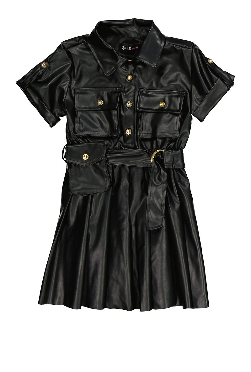 Little Girls Faux Leather Pleated Button Front Shirt Dress, Black, Size 6X