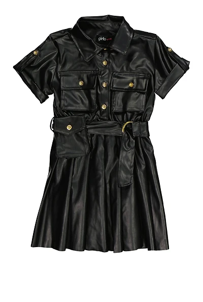 Little Girls Faux Leather Pleated Button Front Shirt Dress, Black, Size 6X
