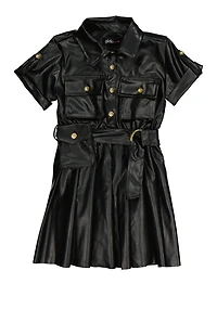 Little Girls Faux Leather Pleated Button Front Shirt Dress, Black, Size 4