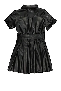 Little Girls Faux Leather Pleated Button Front Shirt Dress, Black, Size 6X