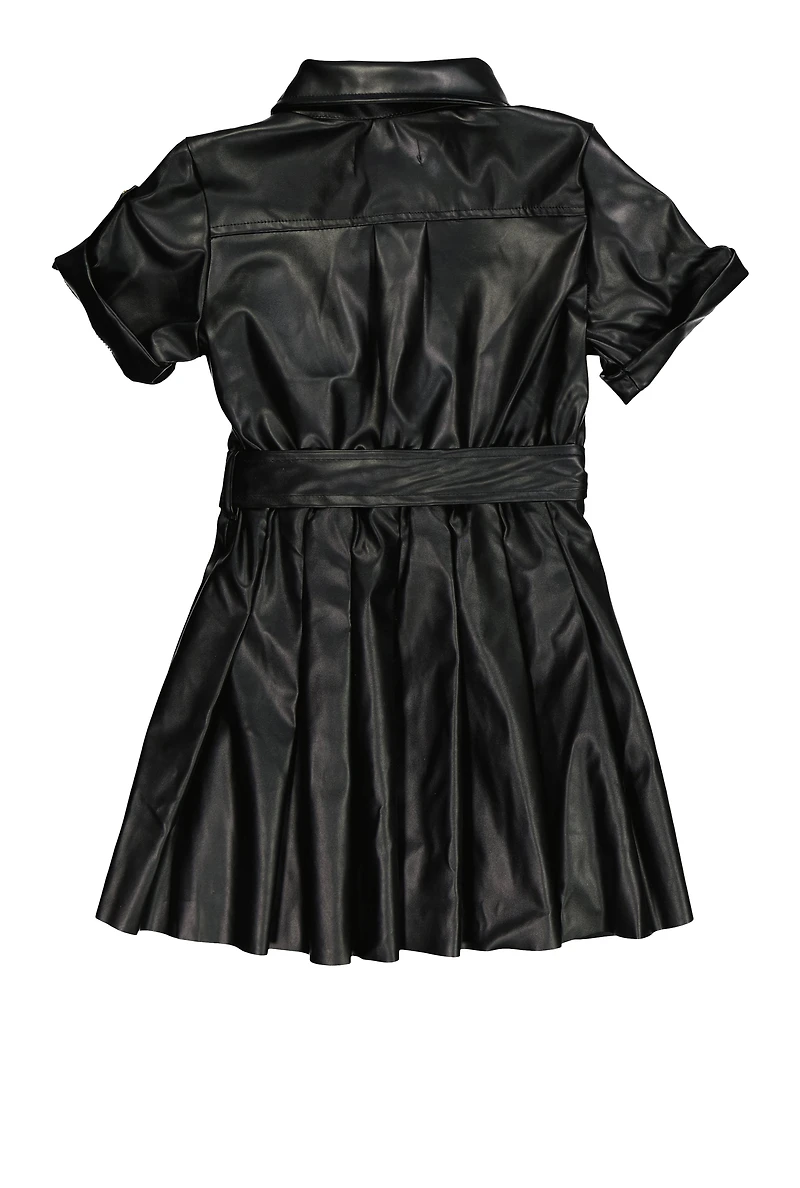 Little Girls Faux Leather Pleated Button Front Shirt Dress, Black, Size 4