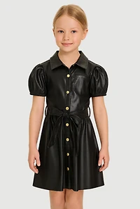 Little Girls Faux Leather Shirt Dress with Tie Waist Belt, Black, Size 6X