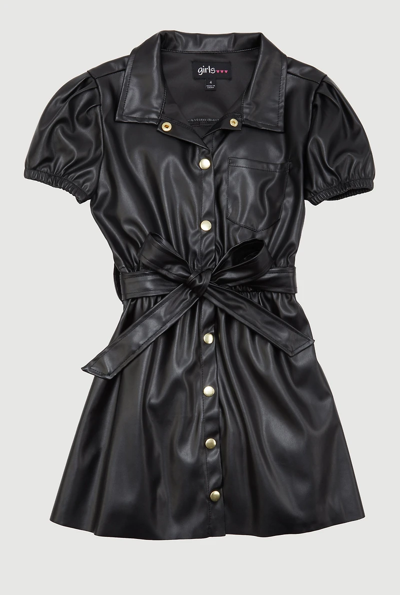 Little Girls Faux Leather Shirt Dress with Tie Waist Belt, Black, Size 6X