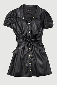 Little Girls Faux Leather Shirt Dress with Tie Waist Belt, Black, Size 6X