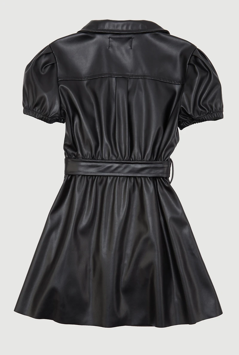 Little Girls Faux Leather Shirt Dress with Tie Waist Belt, Black, Size 6X