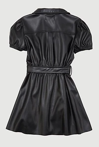 Little Girls Faux Leather Shirt Dress with Tie Waist Belt, Black, Size 6X