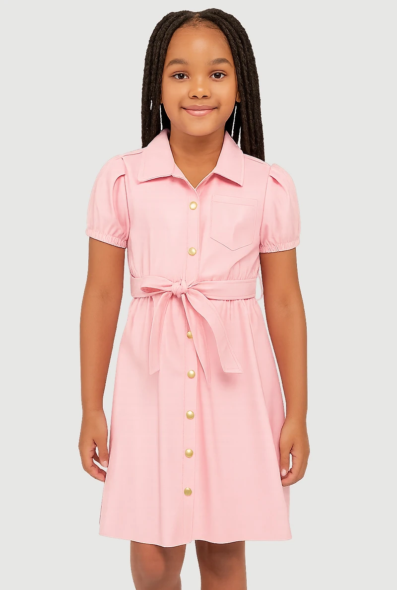 Little Girls Faux Leather Shirt Dress with Tie Waist Belt, Pink, Size 4