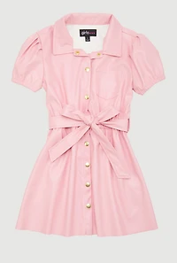 Little Girls Faux Leather Shirt Dress with Tie Waist Belt