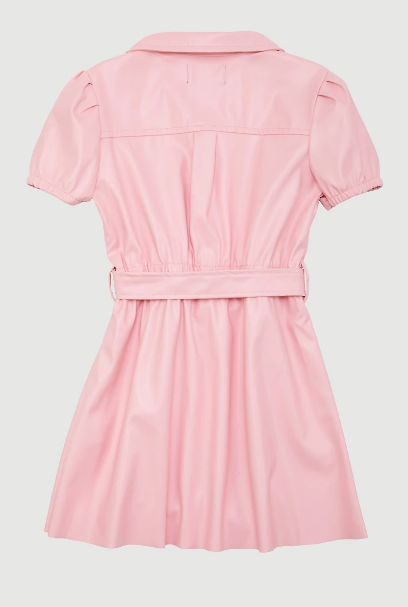 Little Girls Faux Leather Shirt Dress with Tie Waist Belt, Pink, Size 4