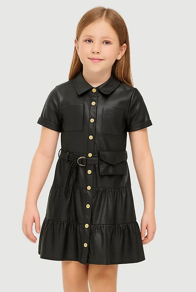 Little Girls Faux Leather Dress with Tie Waist Belt and Pouch, 5-6