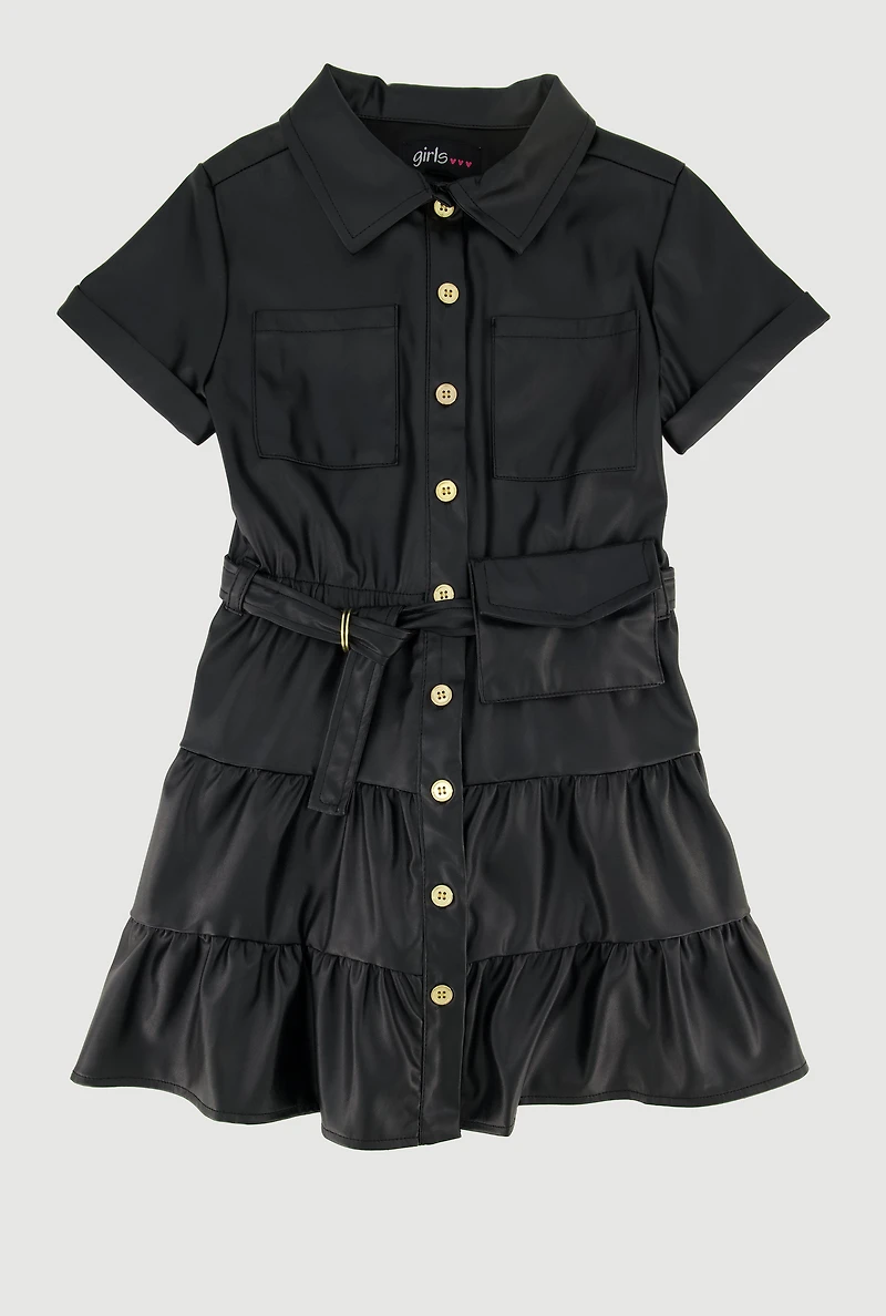 Little Girls Faux Leather Dress with Tie Waist Belt and Pouch, 5-6