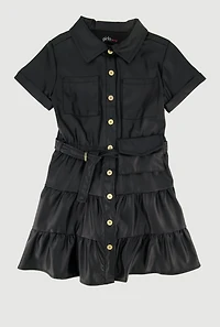 Little Girls Faux Leather Dress with Tie Waist Belt and Pouch, 5-6