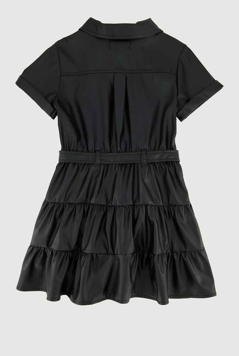 Little Girls Faux Leather Dress with Tie Waist Belt and Pouch, 5-6