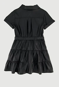 Little Girls Faux Leather Dress with Tie Waist Belt and Pouch, 5-6