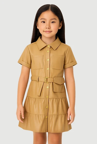 Little Girls Faux Leather Shirt Dress with Belt and Pouch,