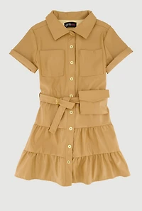 Little Girls Faux Leather Shirt Dress with Belt and Pouch, Brown, Size 6X