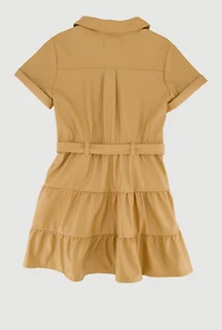 Little Girls Faux Leather Shirt Dress with Belt and Pouch, Brown, Size 6X